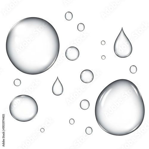 Various shapes and sizes of water droplets and bubbles illustrated