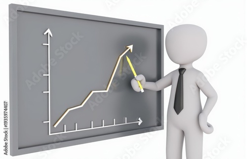 3D stick figure in a tie pointing to a growing business graph on a board.