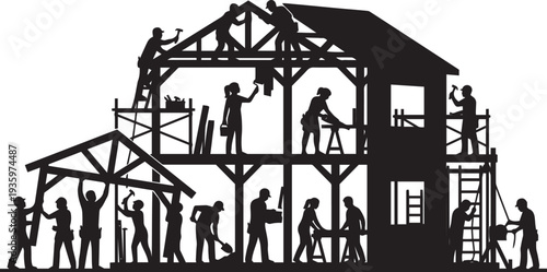House Construction Building Workers Silhouette Vector