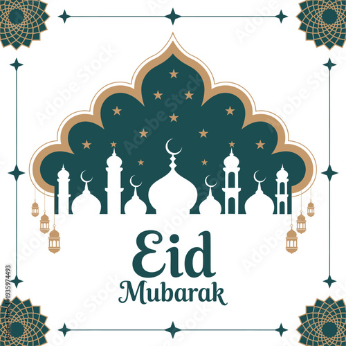 Eid Mubarak greeting card with Islamic mosque silhouette, lanterns, and ornamental geometric frame in emerald green and gold.
