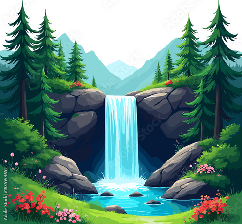 Waterfall in mountain forest with rocky cliffs and clear river natural landscape illustration for travel background and eco tourism design