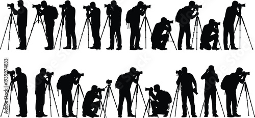 Photographer silhouette collection with camera and tripod in different shooting poses, professional photography vector illustration isolated set