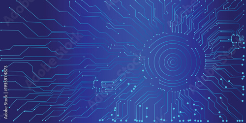 Futuristic Blue Circuit Board Background with Glowing PCB Lines and Circular Digital Target, Abstract Technology Network Design