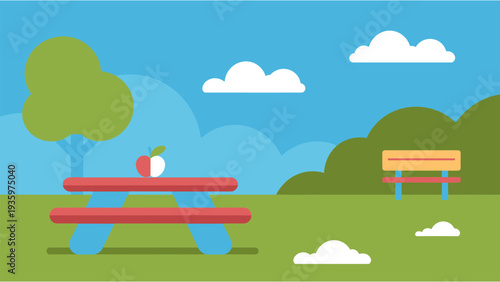 Outdoor park illustration with picnic table bench and apple on flat background