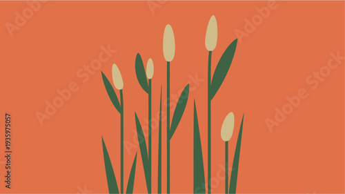 Minimalist illustration of cattail reeds and tall grass on an orange background