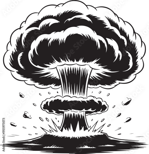 Dynamic Black And White Mushroom Cloud From A Powerful Catastrophic Explosion