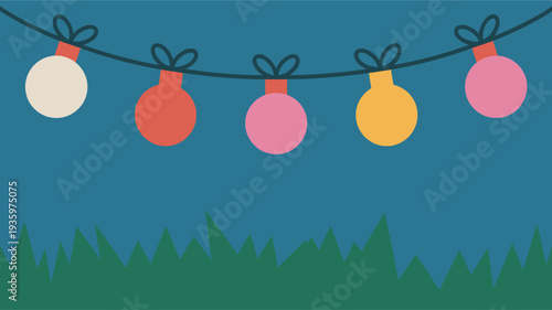 Flat illustration of colorful round party lights over green grass at night