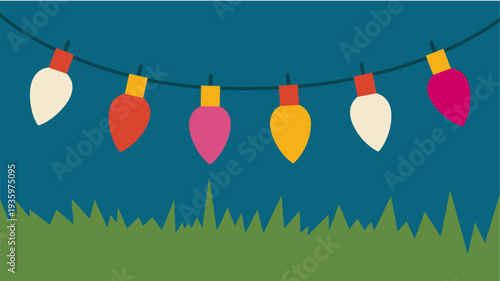 Flat illustration of colorful pear-shaped party lights over green grass at night