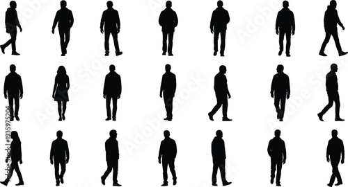 Walking people silhouette collection with men and women in different poses, casual pedestrian figures vector illustration isolated set