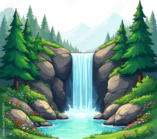 Waterfall in mountain forest with rocky cliffs and clear river natural landscape illustration for travel background and eco tourism design