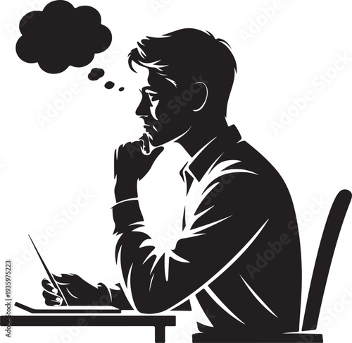Focused man thinking strategically at his desk, generating ideas and plans