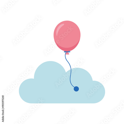 Pink balloon tied to a blue cloud isolated on white background
