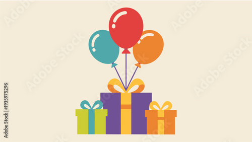 Birthday gifts and balloons isolated on pale background