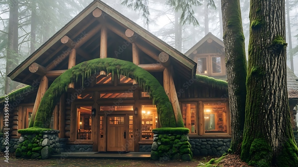 Fototapeta premium Rustic Moss-Covered Lodge in Misty Forest, Cozy Wilderness Retreat Home