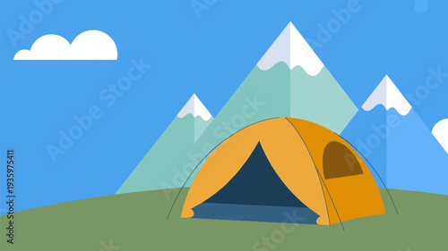 Orange camping tent in mountainous landscape with blue sky