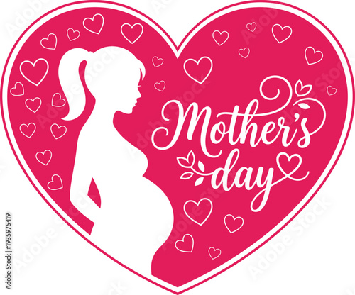 A pink heart shaped illustration celebrates mother s day with a pregnant silhouette