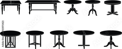 Table silhouettes collection with round and rectangular furniture designs, classic wooden table shapes vector illustration set isolated