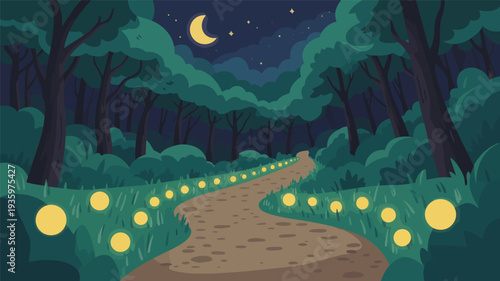 Enchanting forest path illuminated by glowing lanterns at night under a crescent moon