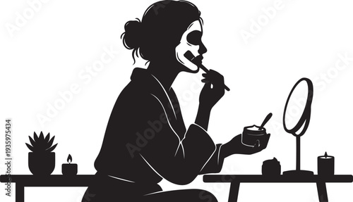 Woman Applying Makeup Mirror Silhouette Vector