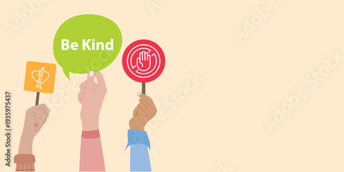 Colorful flat vector illustration of diverse hands holding speech bubble with Be Kind message. Positive social campaign concept promoting kindness, respect and empathy for school, community and mental