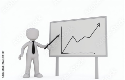 3D stick figure in a tie pointing to a growing business graph on a board.