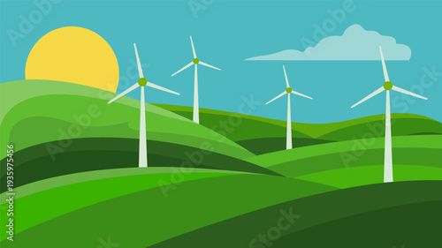 Wind turbines on green rolling hills at sunset with a cloud, flat design vector illustration.