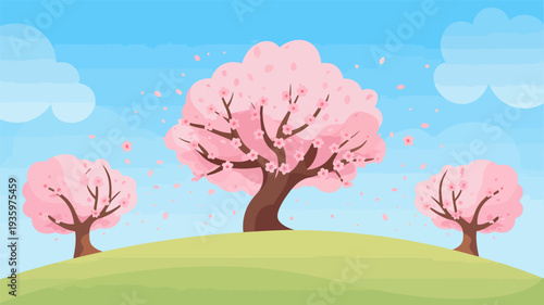 Cherry blossom trees on a green hill with falling petals under a blue sky, flat design vector illustration.