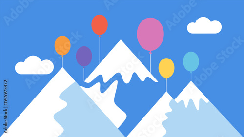 Colorful balloons floating over snowy mountains