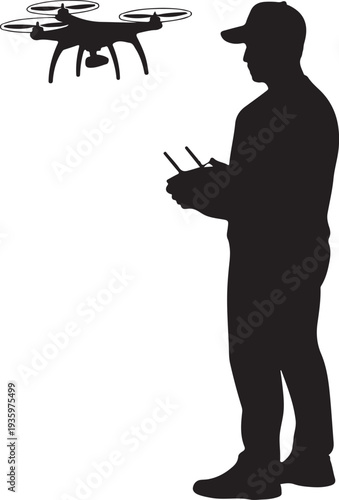 Man operating a flying drone with remote control for aerial photography or video