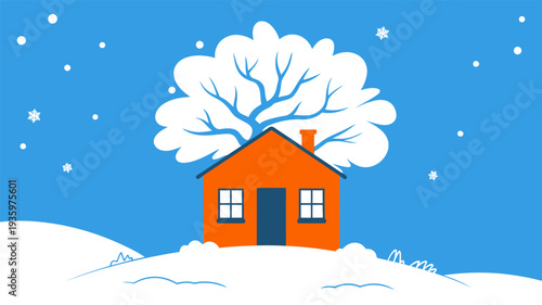 Small orange house on snowy hill with white tree and falling snowflakes illustration