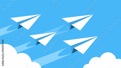 Four white paper airplanes flying in formation across a bright blue sky with white clouds.