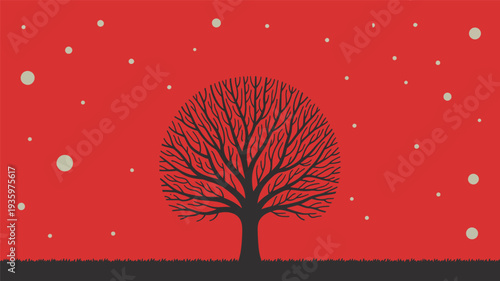 Bare tree silhouette with falling snow on solid red background illustration