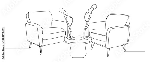 Continuous minimalist single line illustration depicting a podcast studio setup, Ideal for podcast branding, radio programs, online streaming, content creation, journalism, etc.