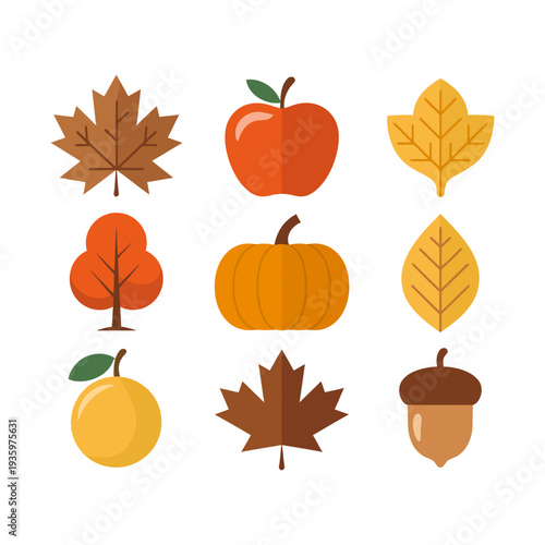Autumn harvest icons, fruits, vegetables, leaves and acorn, isolated on white background