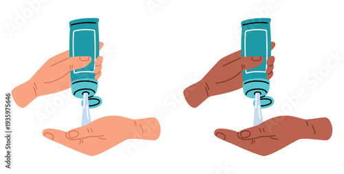 Womens hands squeeze face or body moisturizing cream from tube onto palms. Skin care cosmetics. Beauty routine. Sunscreen balm applying. Female Caucasian and African arms vector set