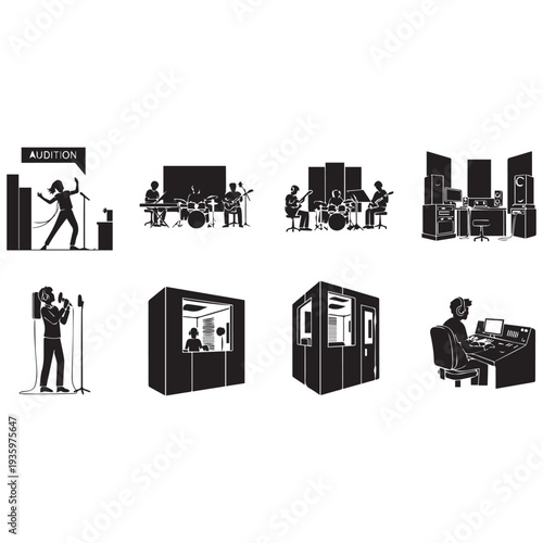 Music production and recording studio setup with musicians and engineers