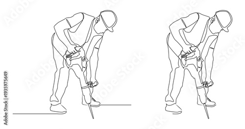 Monoline illustration of a construction worker operating a jackhammer for road repairs. Ideal for construction companies, engineering presentations, etc.