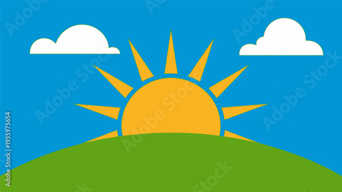 Sunny day over green hills with clouds