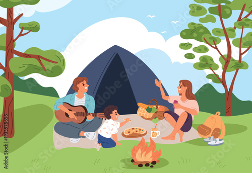 Young family with child relaxing outdoors with camp tent and fire against backdrop of nature. Parents with kids camping. Picnic with bonfire. People at summer campground. Vector concept
