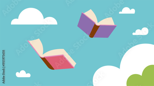Two open books flying in a blue sky with clouds, education and knowledge concept