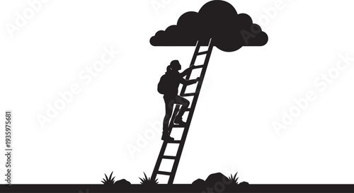 Person Climbing Ladder Reaching Clouds Silhouette Vector