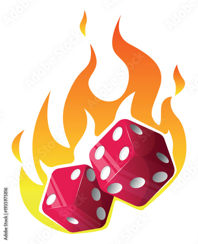 Red dice against background of flames. Burning cubes. Falling craps in fire. Gamble and risky board games. Hot gambling. Vegas casino jackpot. Blazing bets. Bones ignition. Vector concept