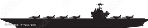 Modern aircraft carrier silhouette featuring fighter jets docked on a vast flight deck