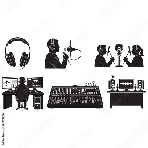 Podcast studio setup with equipment and hosts recording