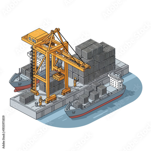 Isometric illustration of a bustling port with cargo ships and cranes.