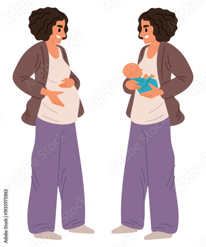 Pregnant woman before and after giving birth. Mother holding newborn baby. Parent hugging toddler. Girls motherhood. Female expecting childbirth. Maternity and pregnancy vector concept