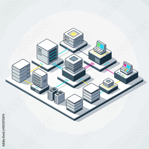 Isometric illustration of a complex server and network infrastructure with interconnected data centers.