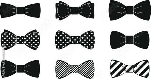 Bow tie silhouettes collection with classic, striped and polka dot styles, formal fashion accessory vector illustration set isolated