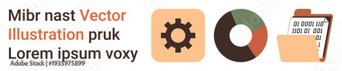 Technology, data analytics, process optimization, digital storage, binary information, business operations. Gear, pie chart and folder with binary code. Technology and data analytics