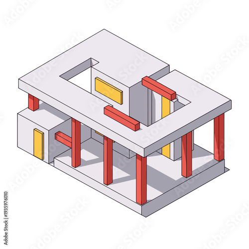 Isometric illustration of a modern abstract architectural structure with red pillars and yellow accents.